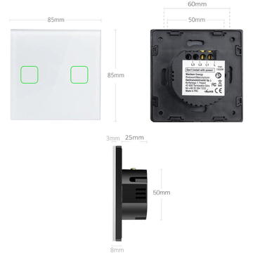 Intrerupator inteligent MCE703W Touch light switch, double, glass, white with square button Alb