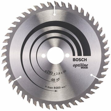 Bosch Disc pentru fierastrau circular Optiline Wood, 190 x 2.6 x 30mm, 48T