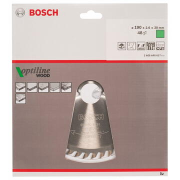 Bosch Disc pentru fierastrau circular Optiline Wood, 190 x 2.6 x 30mm, 48T