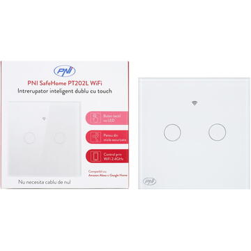 Intrerupator inteligent cu touch PNI SafeHome PT202L WiFi, 10A, control prin aplicatia Tuya Smart, compatibil cu Alexa si Google Assistant - Live Wire, fara nul