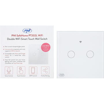 Intrerupator inteligent cu touch PNI SafeHome PT202L WiFi, 10A, control prin aplicatia Tuya Smart, compatibil cu Alexa si Google Assistant - Live Wire, fara nul