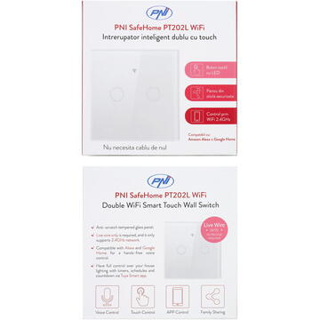 Intrerupator inteligent cu touch PNI SafeHome PT202L WiFi, 10A, control prin aplicatia Tuya Smart, compatibil cu Alexa si Google Assistant - Live Wire, fara nul