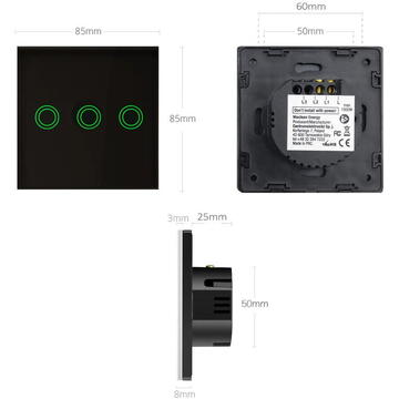 Intrerupator inteligent MCE705 Comutator tactil Maclean, triplu, sticla, negru cu iluminare butoane rotunde