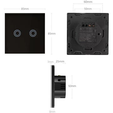 Intrerupator inteligent MCE711B Comutator tactil dublu, scara, sticla cruce, negru cu iluminare rotunda. buton,