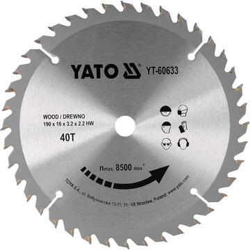 Yato Disc cu Vidia pentru Lemn Diametru 190mm, Interior 16mm, 40 Dinti