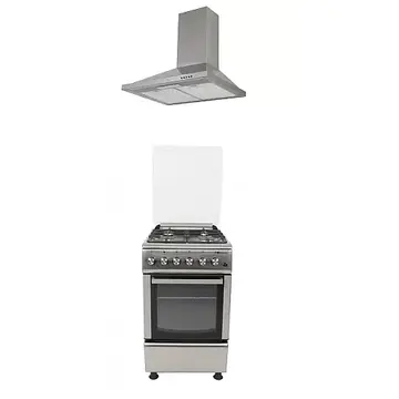 Pachet Aragaz clasic Studio Casa Camino Inox 4G 50/60 cm, 4 arzatoare gaz, Cuptor gaz, Grill electric, Gratare fonta + Hota decorativa Studio Casa New Milano Inox, 60 cm