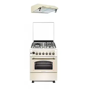 Pachet aragaz vintage Avena, MULTIF. PLUS FE60/603G+1EL si hota Alfa 60 cm, Studio Casa, 3 arzatoare gaz + 1 electric, cuptor electric, grill, rotisor, 2 motoare, Beige