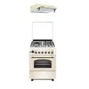 Pachet aragaz vintage Avena, MULTIF. PLUS FE60/603G+1EL si hota Alfa 60 cm, Studio Casa, 3 arzatoare gaz + 1 electric, cuptor electric, grill, rotisor, 2 motoare, Beige