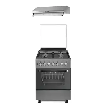 Pachet Studio Casa Aragaz Scala Graphite Grey 60 cm si hota clasica inox, 4 arzatoare gaz, Grill electric, Rotisor, Gratare fonta, Aprindere electrica, Clasa energetica A, Gri