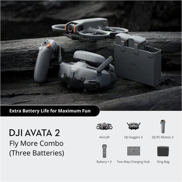 Kit Drona DJI Avata 2 FMC, 4K60, 12MP, 3xbateriiGimbal o axa, 64.8km/h, 377gr